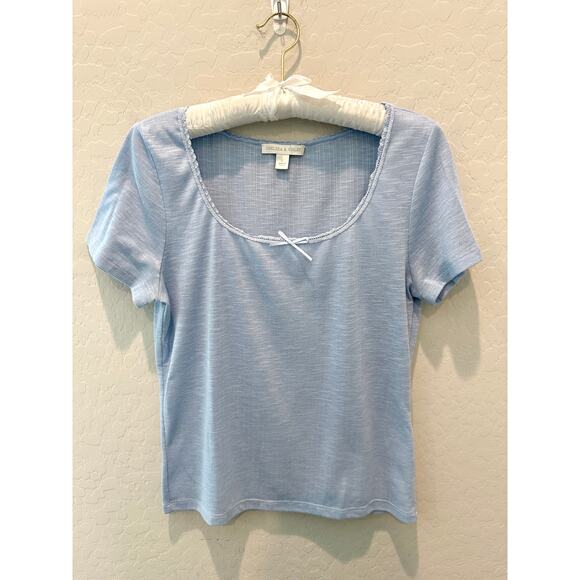 CHELSEA & VIOLET | Light Blue Scoop Neck Pointelle Bow Short Sleeve Top | Large - Picture 1 of 6